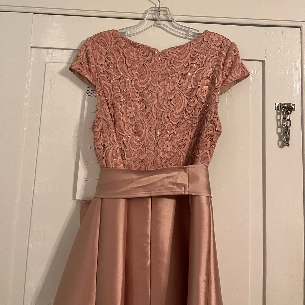 Shelby Nites baby pink high low formal gown